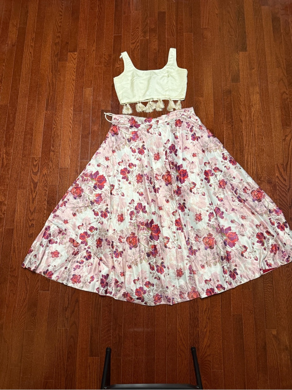 Cream Crop Blouse with Pink Floral Lehenga